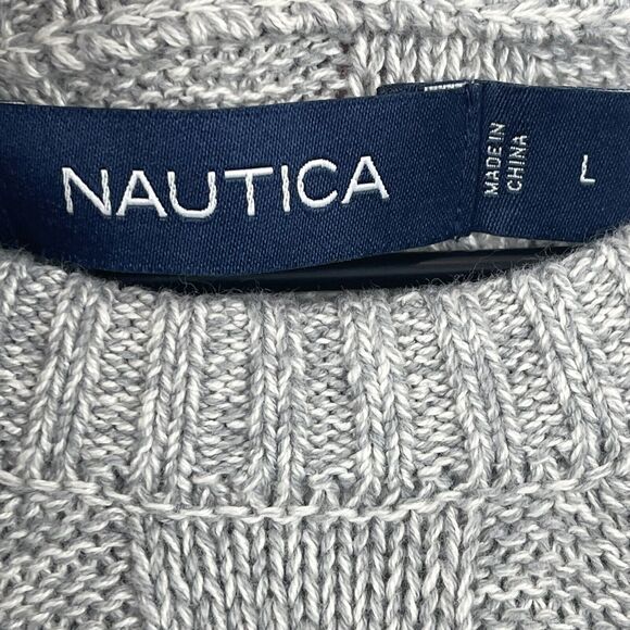Nautica Mens Cable Knit Sweater Sz L Gray Crew Fisherman Sailing Preppy Casual - Picture 5 of 9